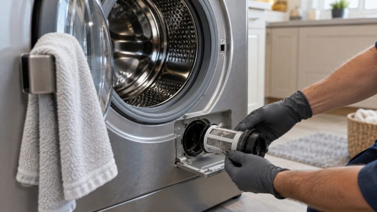 Close-up of the open door, drum and rubber gasket of a front-load washing machine with a service technician's gloved hands lifting out the filter, seen from slightly above, with a kitchen towel draped over the handle.