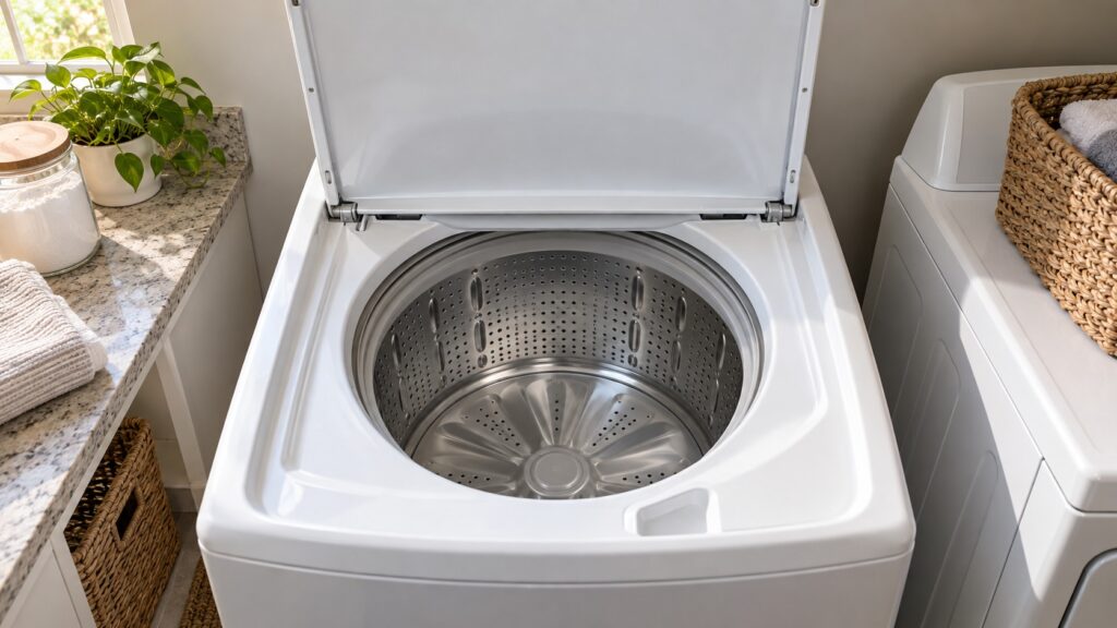 A high-capacity top-load washing machine with its lid raised, the empty stainless drum visible from above with no agitator post.