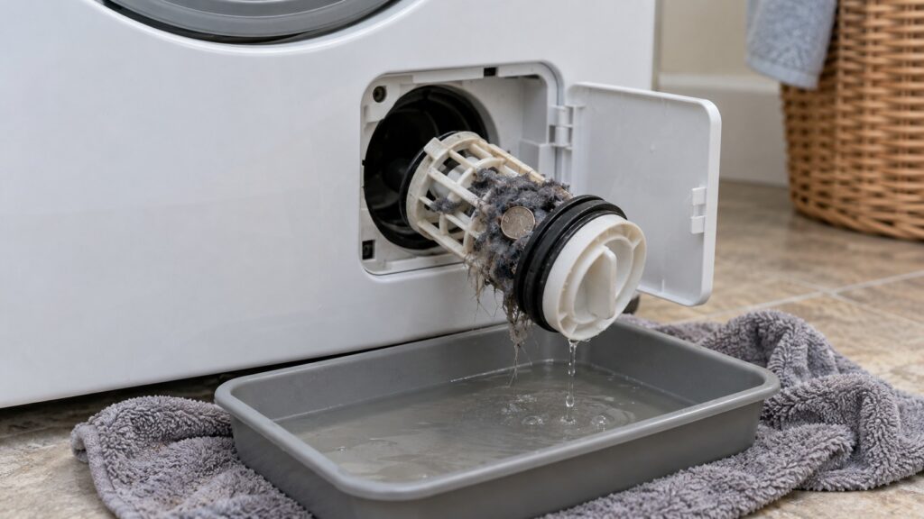 An open drain filter access door at the bottom front of a front-loading washing machine, the cylindrical filter pulled partly out with lint and a coin visible.