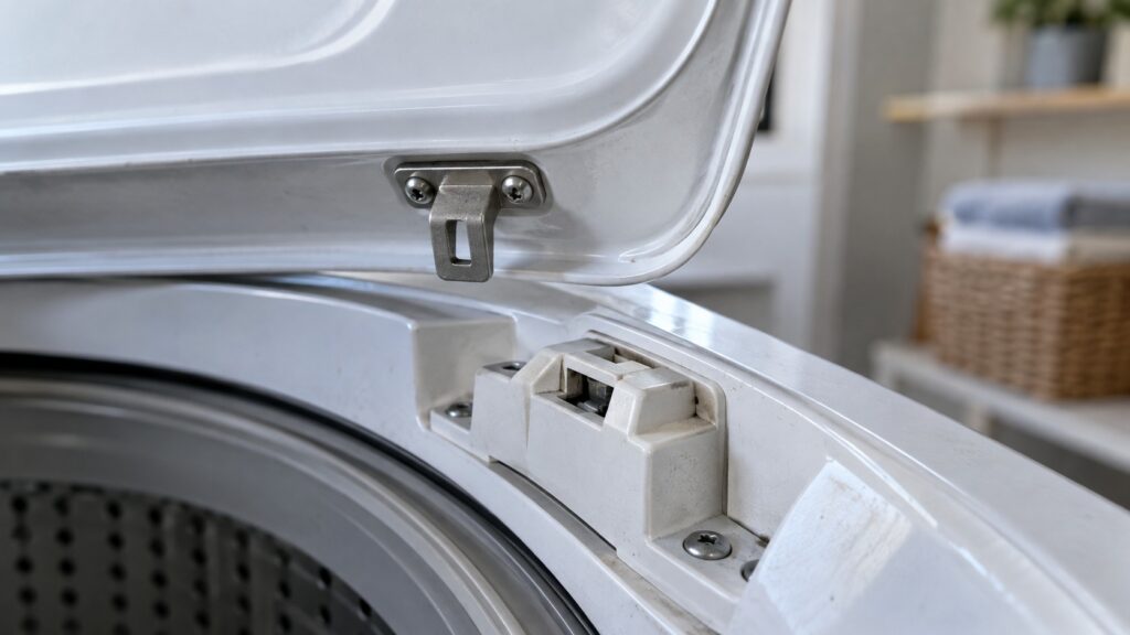 Close-up of the lid lock striker and latch mechanism at the rim of a top-load washing machine with the lid raised.