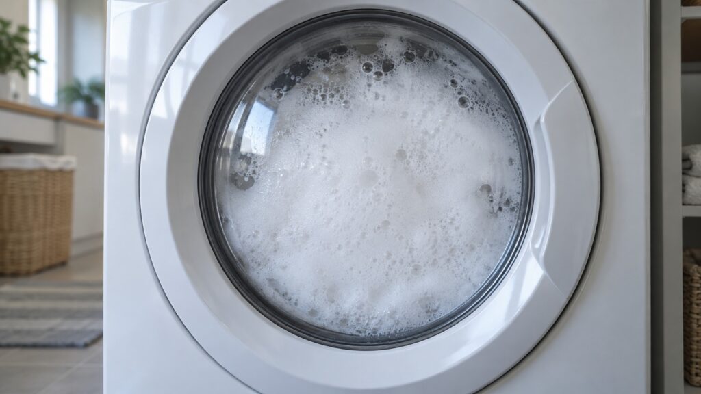 Thick white foam filling the glass door window of a front-loading washing machine, suds pressed against the glass.