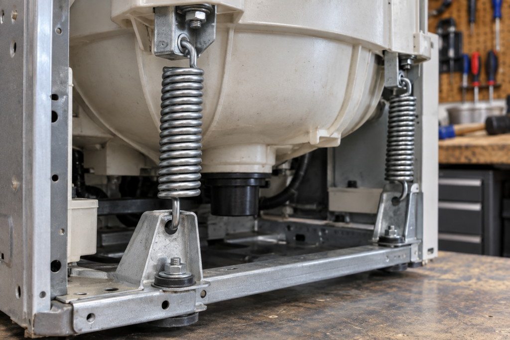 Macro of the heavy-duty suspension springs and reinforced tub mounts underneath a top-load washer tub with the cabinet removed.