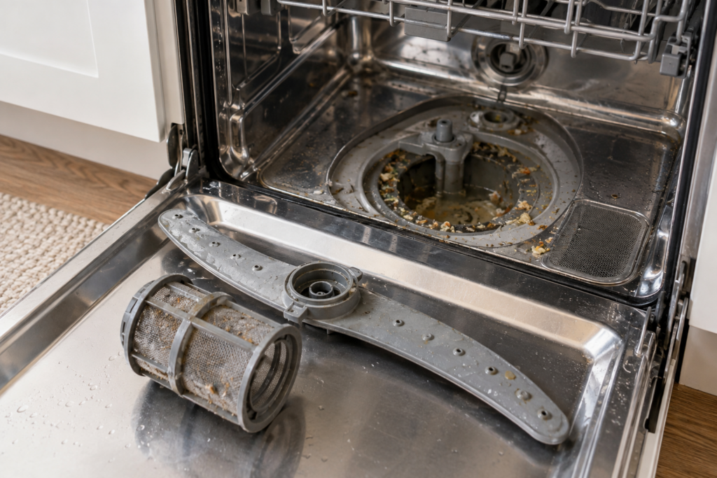 Macro of a dishwasher's lower spray arm and sump filter lifted out beside the open tub, with food residue visible in the sump well.