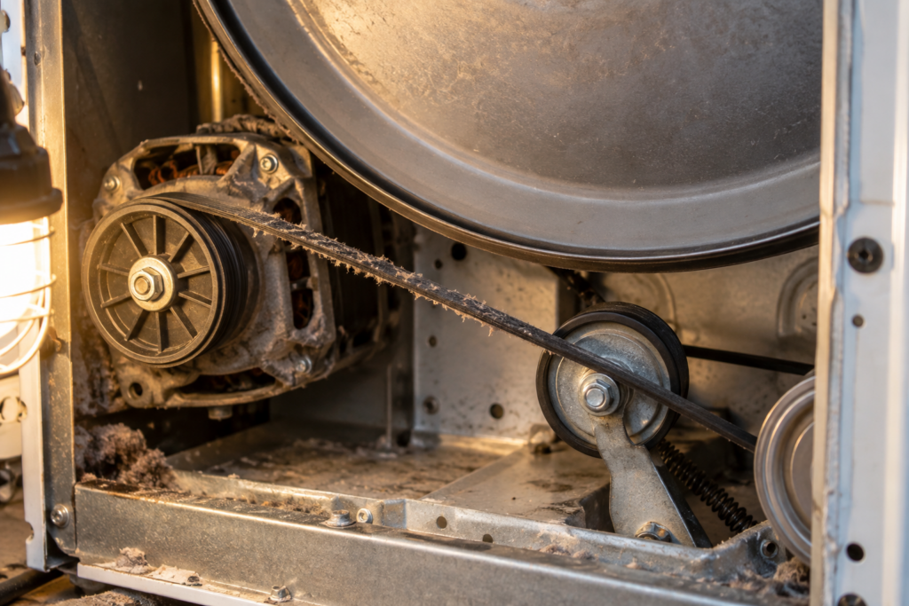 Macro of a worn, frayed rubber drive belt exposed inside the open cabinet of an older front-load dryer.
