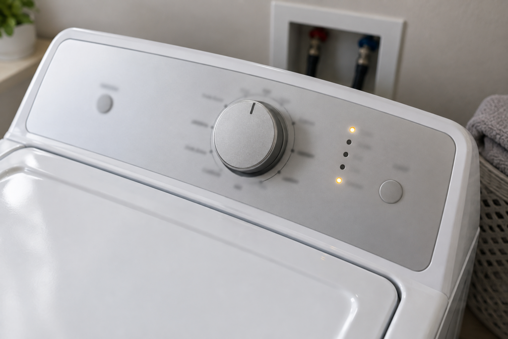 The console of a top-load washing machine seen from above at an angle, with a round cycle dial and a vertical column of progress lamps, two of them lit.