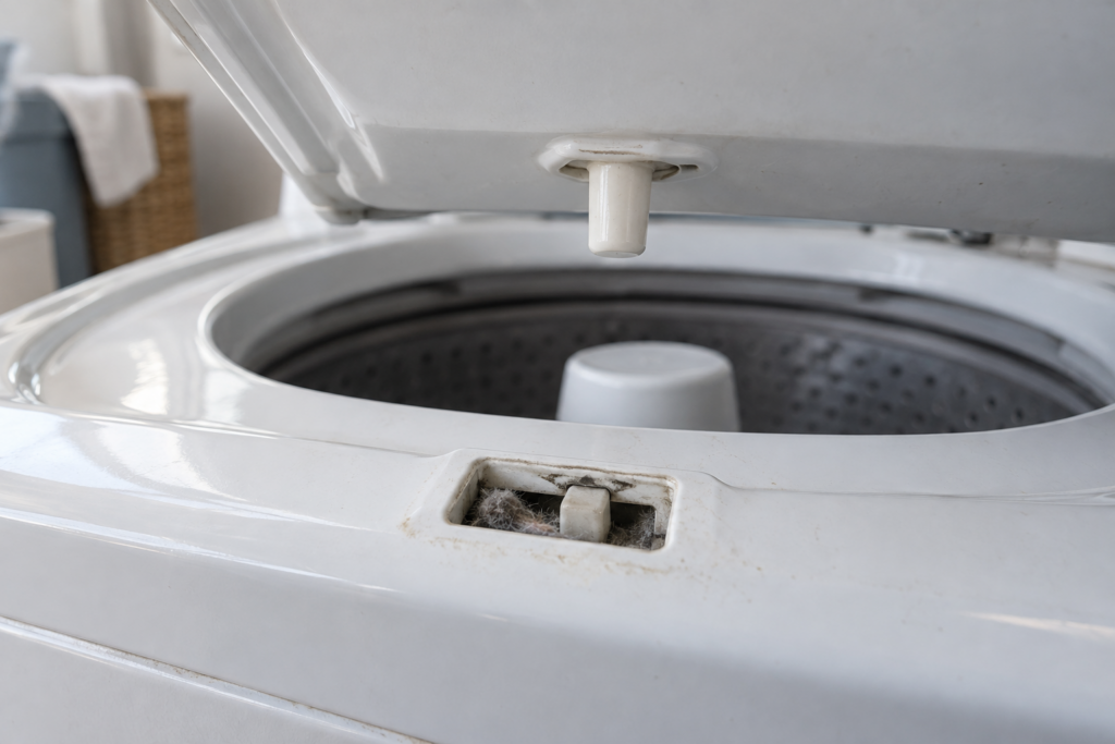 The open lid of a top-load washing machine in close view, the latch window in the enamel rim below the plastic striker pin, with fibres caught in the latch slot.