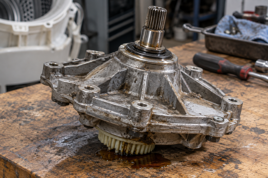 A washer transmission housing on a workbench after removal, its gear splines and a drain of old lubricant visible at the base.