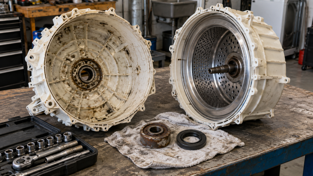 The two halves of a washing machine outer tub split apart on a workbench, with the rusted drum bearing and its rubber shaft seal on a rag between them.