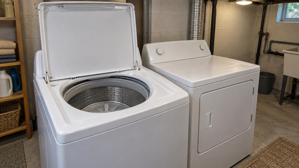 A white top-load washing machine beside its matching dryer in a basement laundry corner, lid open to show the impeller plate in the empty drum.