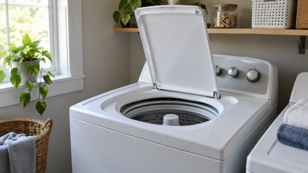 A top-load washer in an American laundry room with its lid open and its control console visible.