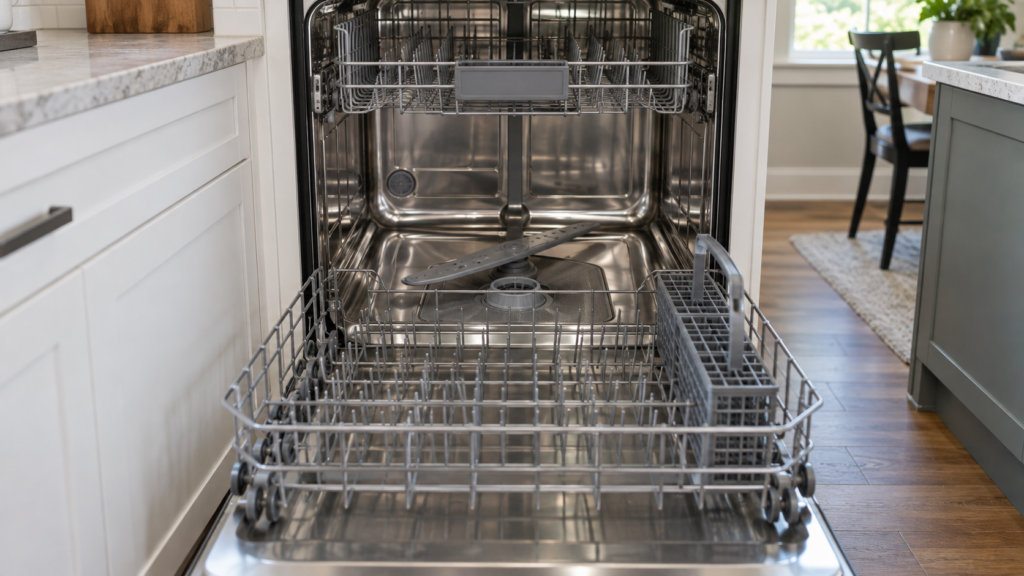 A wide view into an open dishwasher with the lower rack pulled out, showing the spray arm and sump area at the bottom of the tub.