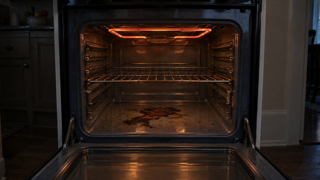 The empty enamel cavity of an electric range oven with the door open, the broil element glowing dull orange above a darkened spill mark on the cavity floor.