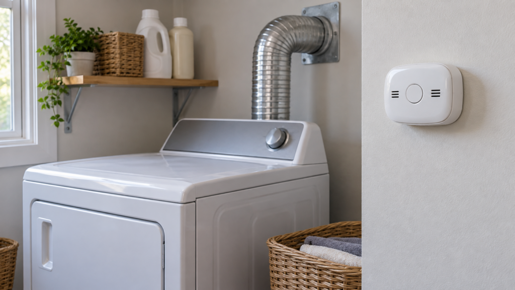 A carbon monoxide detector mounted on a laundry room wall near a gas clothes dryer, its exhaust vent duct visible behind it.