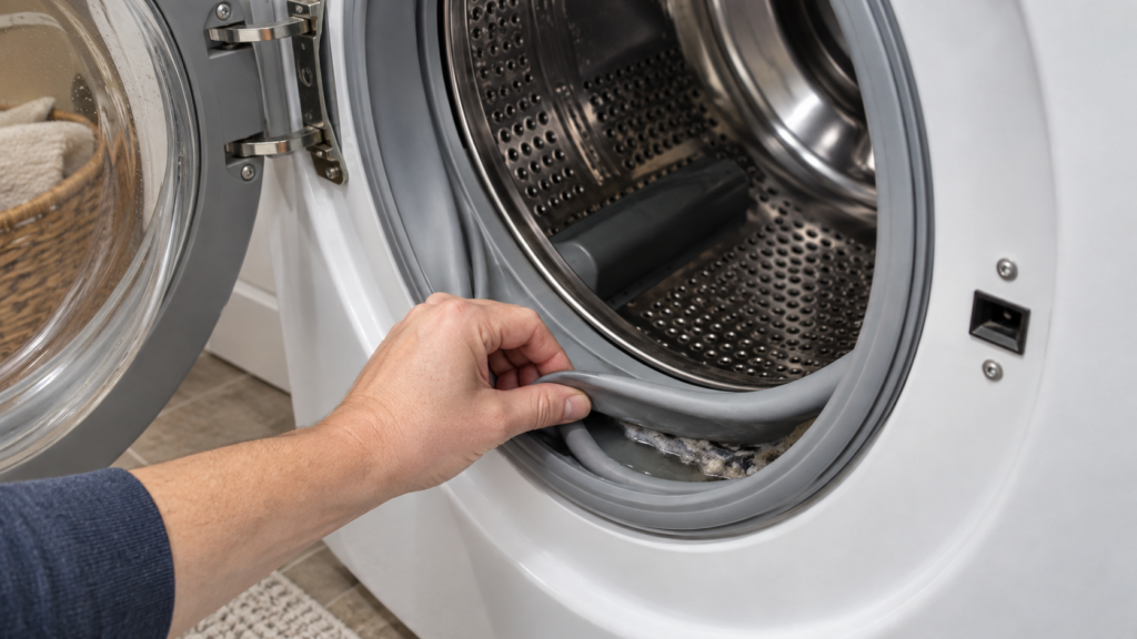 A front-load washing machine with the door open and the grey rubber door boot folded back by hand over trapped lint and standing water.