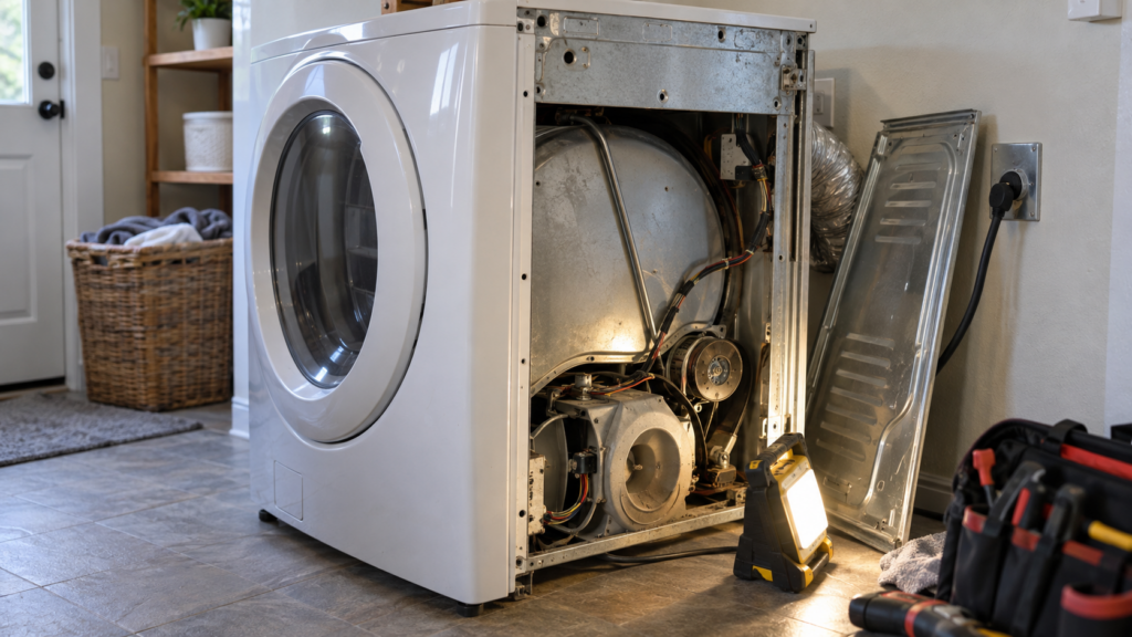 An older front-load clothes dryer pulled away from the wall with its back panel partly removed.