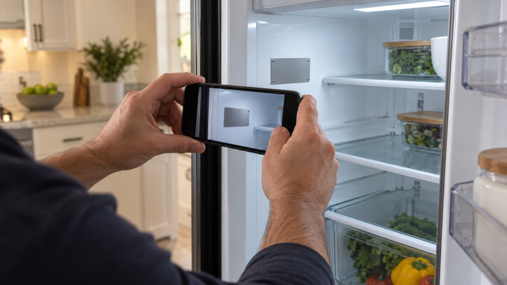 Hands holding a phone to photograph a small metal rating plate on the inside wall of an open refrigerator.
