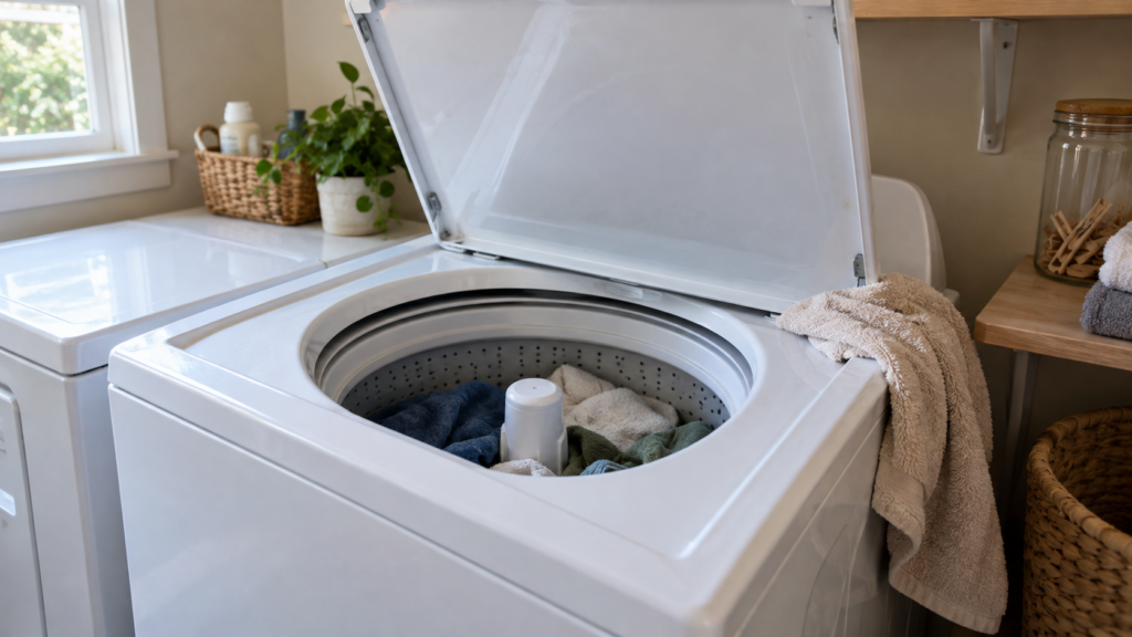 A white top-load washing machine with its lid raised and a bath towel draped over the cabinet rim so the lid cannot seat.