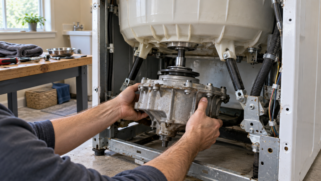 Hands lifting a heavy metal transmission housing out from beneath the tub of a top-load washer with its cabinet removed.