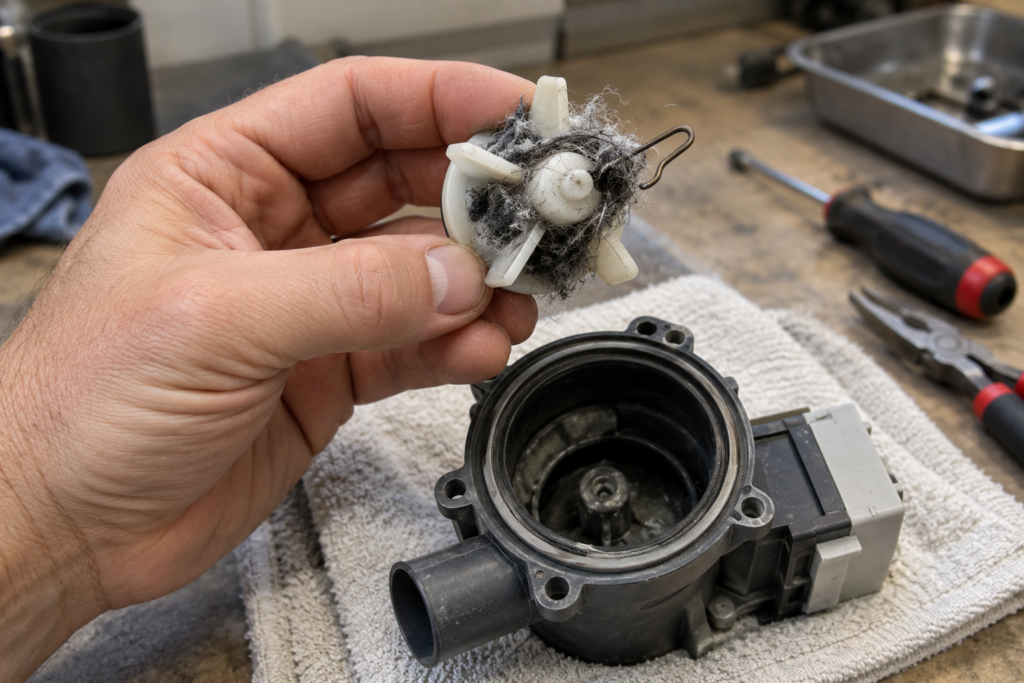 A hand holding a washer pump impeller wrapped in lint with a bent bobby pin, the opened pump housing below.