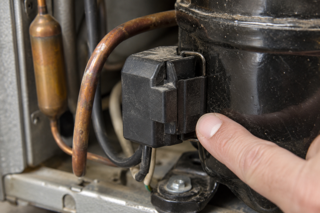 A small black start relay clipped onto the side of a refrigerator compressor with copper tubing behind it.
