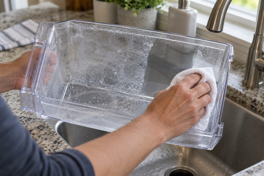 A hand wiping the inside of a removed ice bin with a damp cloth, leaving a clean strip through a faint mineral film.