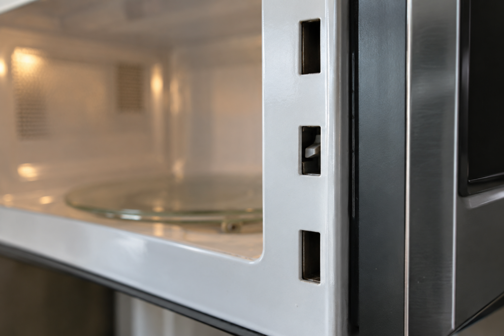 The front frame of an open over-the-range microwave showing the narrow openings where the door hooks enter.