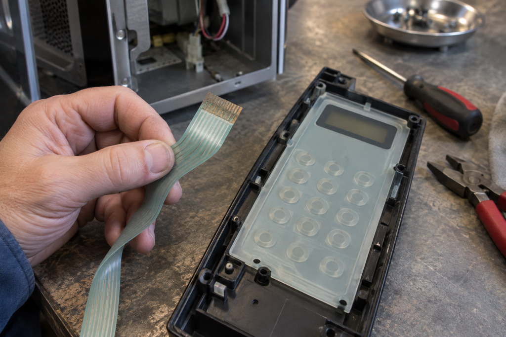 A flat keypad ribbon cable with a slightly corroded copper connector held up to the light beside a removed control panel.