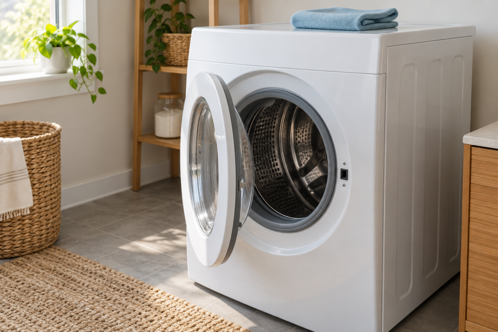 A round porthole washer door left open a hand's width with a dry drum and a folded cloth on the lid.