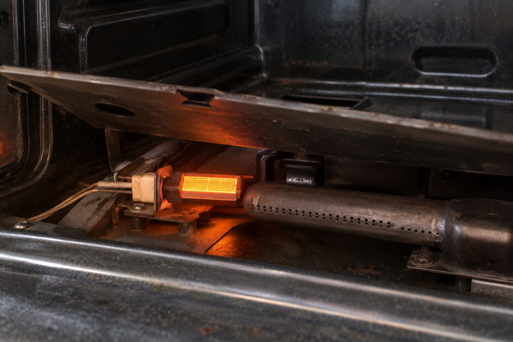 A flat ceramic igniter glowing orange beside the burner tube at the bottom of a gas oven cavity.