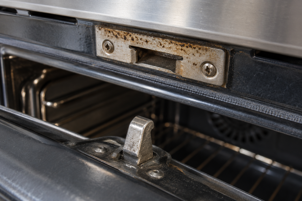 The latch hook and strike plate of a wall oven with a thin crust of baked-on grease on the plate.