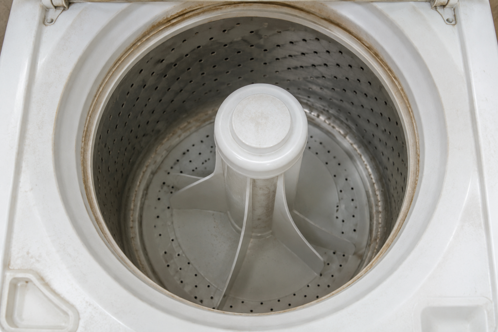 The agitator of an older top-load washer seen from above, sitting slightly off-center in a stained basket.