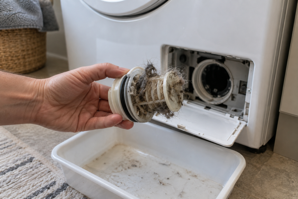A hand holding a washer drain filter cap wrapped in grey and tan pet hair and lint over a shallow tray.