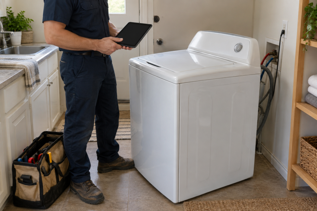 A technician holding a tablet beside a washer pulled from the wall, with a tool bag on the floor.