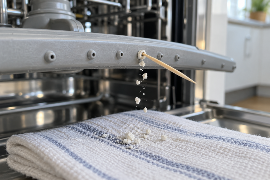 A wooden toothpick in one hole of a dishwasher spray arm with chalky crumbs falling onto a dish towel.