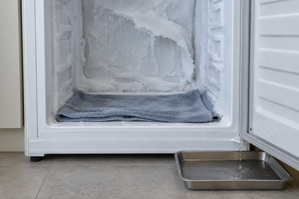 An empty upright freezer mid-defrost, with frost peeling off the back wall and towels and a tray on the floor.