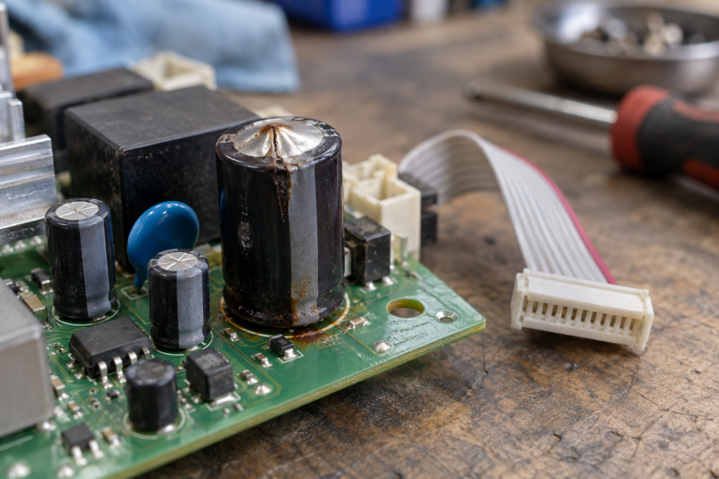 A washing machine control board with a swollen capacitor in sharp focus and a ribbon connector unplugged beside it.