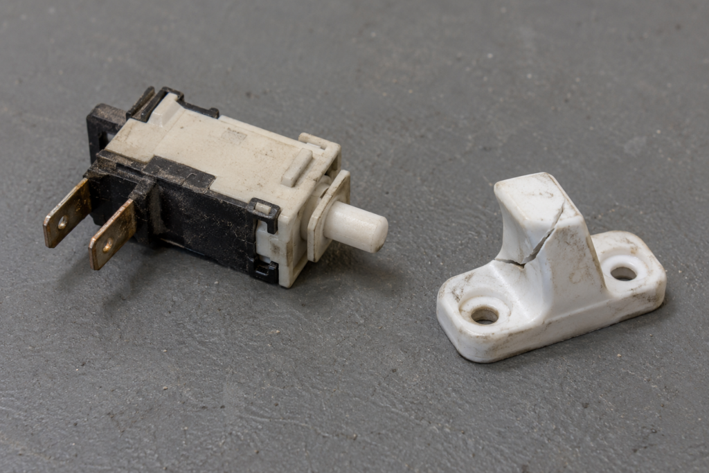 A removed lid switch lying beside a white plastic lid strike tab with a visible crack.