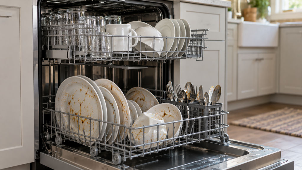 A dishwasher with sparkling clean dishes in the upper rack and food-streaked dishes in the lower rack.