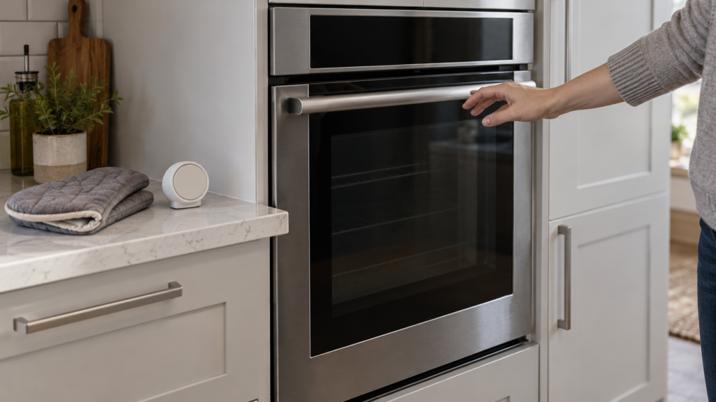 A closed wall oven with oven mitts and a timer on the counter and a hand hovering near the handle.