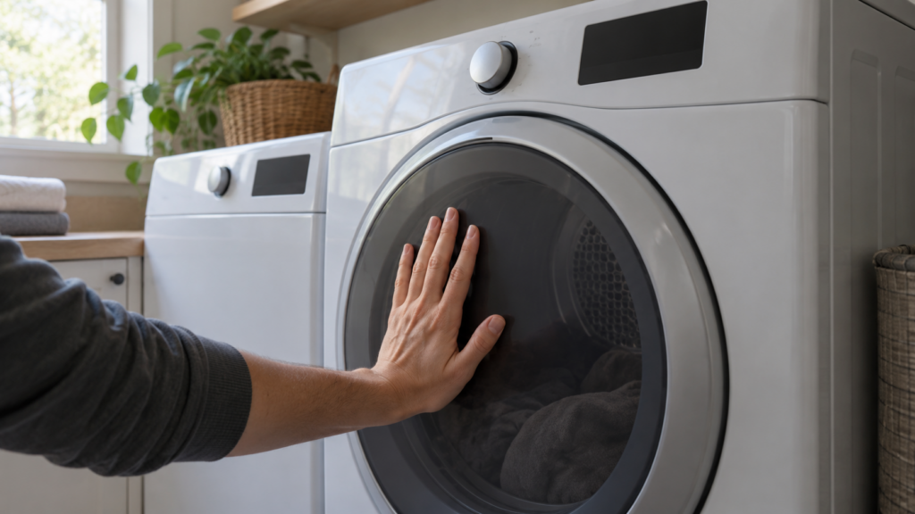 A hand pressing its palm against the closed door of a front-load clothes dryer whose control panel is dark.