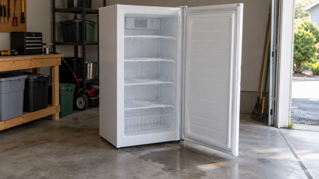 An open upright freezer in a garage with frost on its shelves and a puddle of meltwater on the floor in front of it.