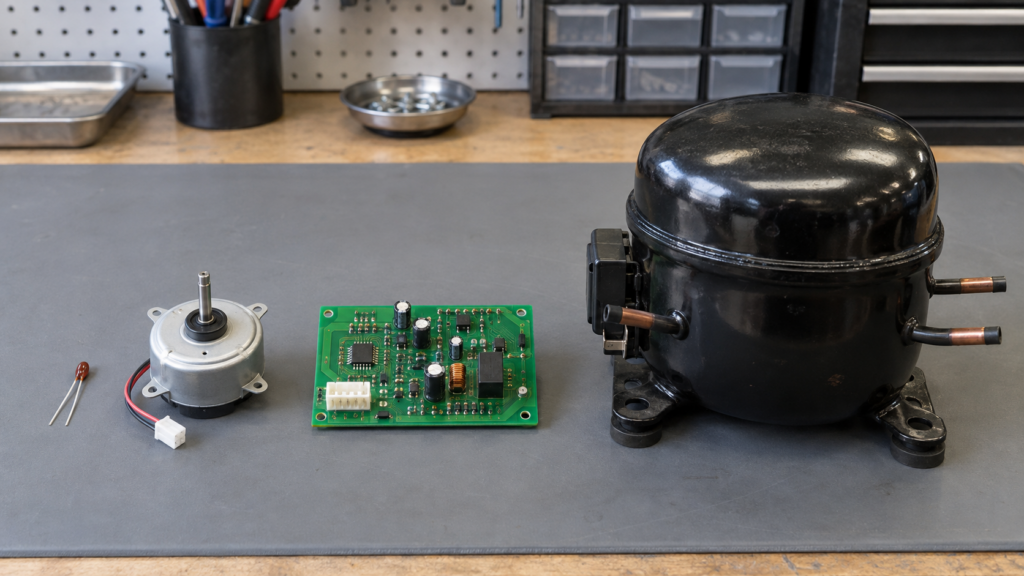 Four refrigerator parts lined up on a workbench in ascending size, from a thermistor to a large black compressor housing.