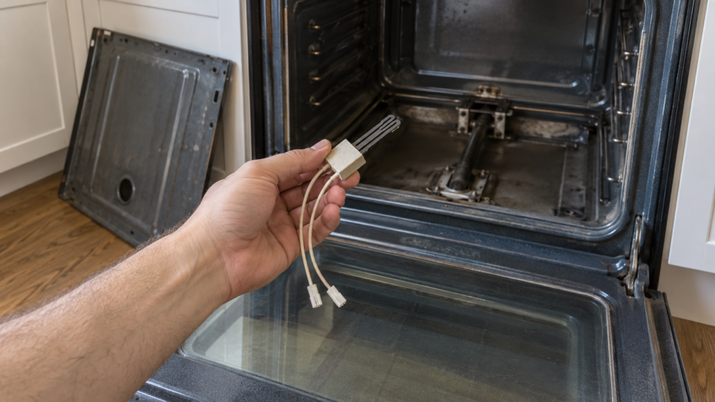 A hand holding a flat ceramic oven igniter beside a gas range with its oven floor panel removed.