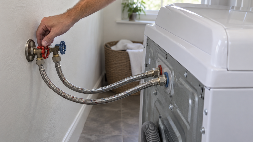 A hand turning a water supply valve behind a pulled-out top-load washer, with two fill hoses running to the washer.