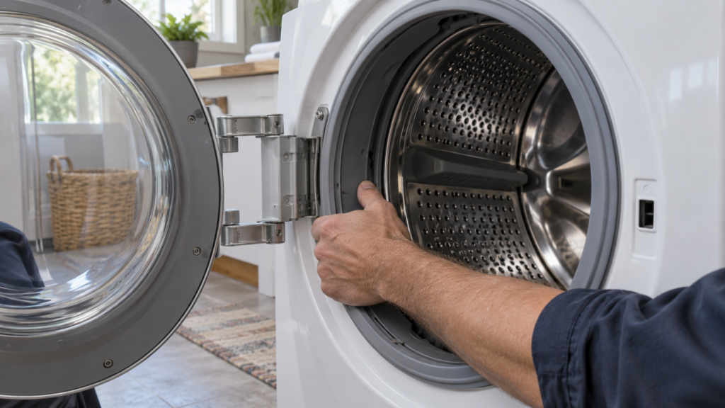 A hand rocking the empty drum of a front-load washer to feel for bearing play.