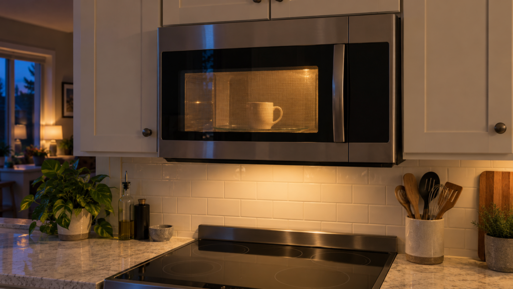 An over-the-range microwave with its lamp lit through the closed door and an untouched mug on a stopped turntable.