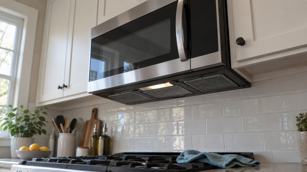 An over-the-range microwave seen from below with a dark control panel and a damp cloth resting on the stovetop beneath it.