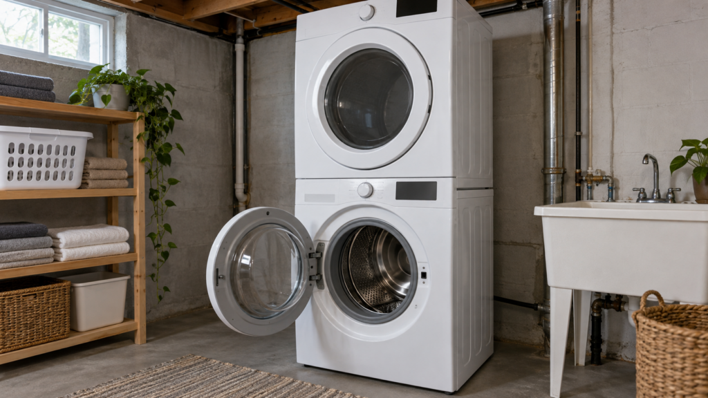 An older white stackable front-load washer and dryer pair with the washer's porthole door open and faint dark spotting on the rubber seal.