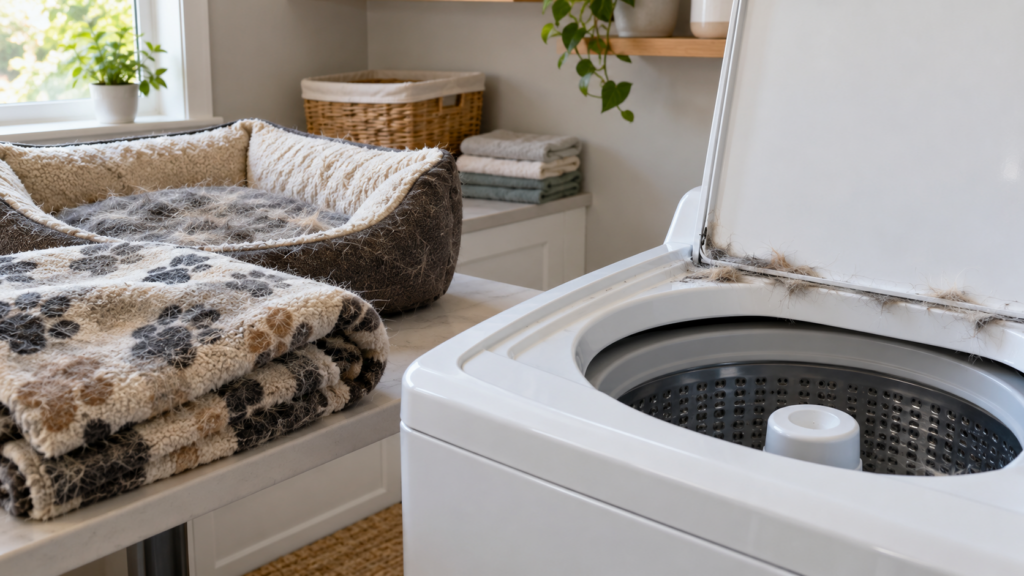 A dog blanket and pet bed beside an open top-load washer with tufts of pet hair along the lid rim.