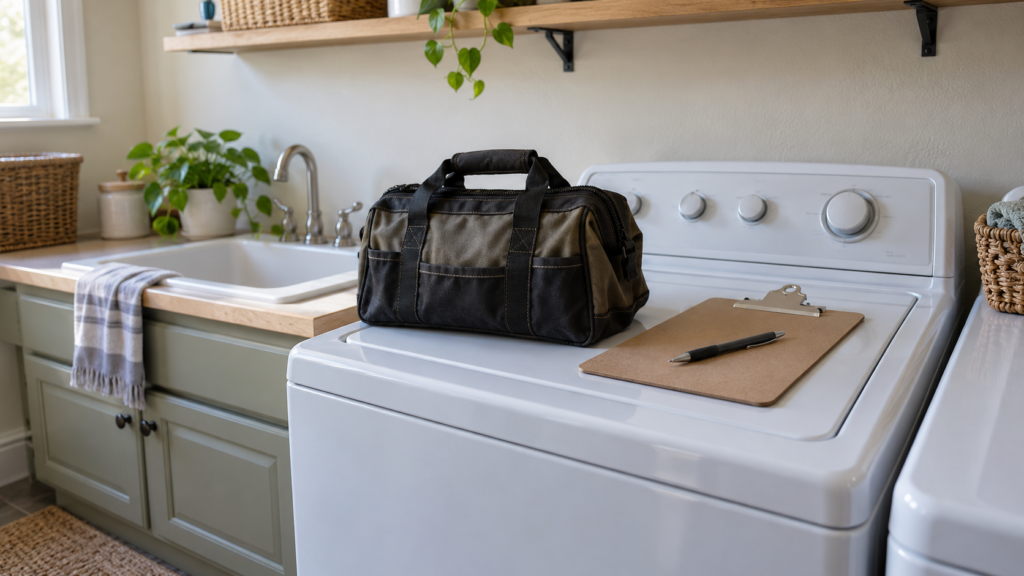 A canvas tool bag and a clipboard with a pen resting on the lid of a top-load washing machine.